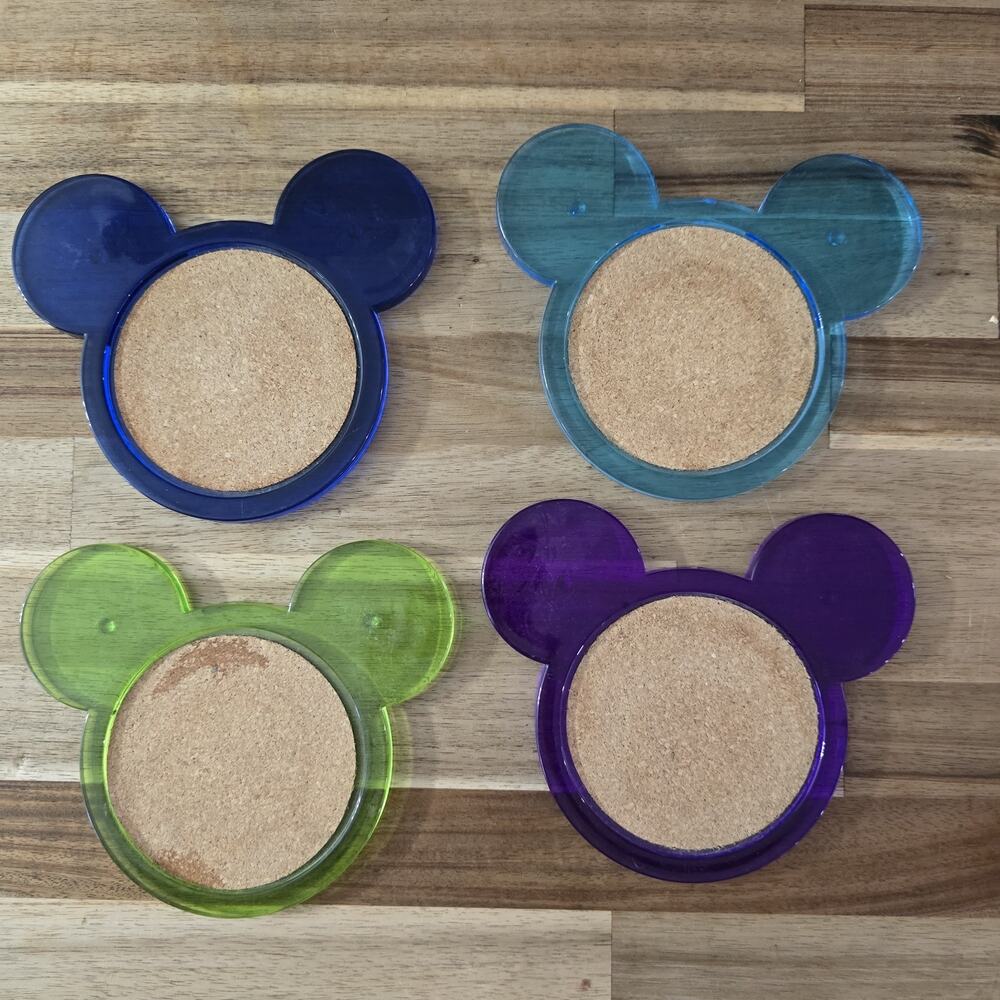 Vtg Taiwan set of 4 acrylic and cork Disney Mickey Mouse ears drink coasters